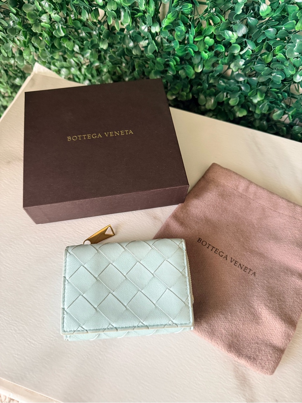 Bottega Veneta Woven Leather Zip Wallet - Light Blue Authentic